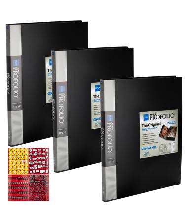 ITOYA Profolio Series 11 X 14 Inch Art Presentation Portfolio - Pack of Three + Scrapbooking Stickers 4 Pages of Emojis, Quotes, Letters & Numbers - Super Bundle,Black