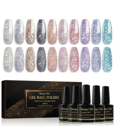 Shining She Glitter Gel Nail Polish 10 Colours Sliver Black Gold White Sparkly Nail Polish Soak-Off UV/LED Lamp Nail Polish Gel Gift for Women Nail Art Salon DIY Home 8ML