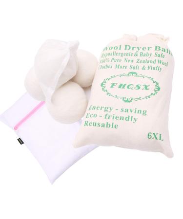 Wool Dryer Balls with Pouch XL 6-Pack Organic Eco Reusable Natural Fabric Softener