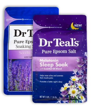 Dr Teal's Lavender & Melatonin Bath Soak Variety Gift Set (2 Pack 3lb Ea.) - Soothe & Sleep Lavender Melatonin Sleep Soak - Essential Oils Blended with Epsom Salt Ease Pain & Promote Better Sleep