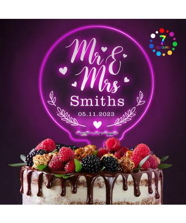 LED Personalised Wedding Cake Toppers 7 Colour Changes Light Up Cake Topper Wedding Bride and Groom Anniversary Cake Toppers MR & MRS Wedding Cake Decorations with Any Name(Design 1) - Buy Online on SooperMarket.com