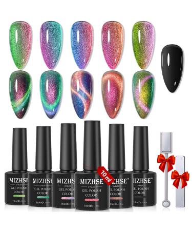 MIZHSE 9D Cat Eye Gel Nail Polish: Magnetic Gel Polish Set 10 ml 6 Colors with 2 Magnet Sticks Chameleon Magic Galaxy Shiny Effect Cateye Nail Gel Soak off Nail Art Gift for Ladies 6 Colors Cat Eye Gel Polish