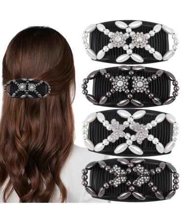 4 Pcs Hair Slides for Women Beaded Hair Combs Stretch Magic Double Side Combs Clips Butterfly & Little Flower Elastic Magic Beads Hair Combs Slides for Women Girls Hair Styling