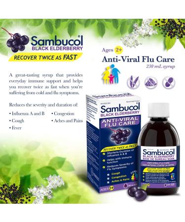 Sambucol Black Elderberry Anti-Viral Flu Care | Quickly Relieves Cold & Flu Symptoms | Immune Support & Antioxidant | Ideal for Families | Syrup 230 mL blue Anti-Viral Flu Care 230 ml (Pack of 1) - Buy Online on SooperMarket.com