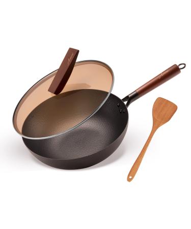 Carbon Steel Wok with Lid and Wooden Spatula, 12.5 Inch Flat Bottom Wok Pan for Gas, Electric, and Induction Stoves, Heat-Resistant Handle and Glass Lid with Stand, Versatile Stir Fry Pan