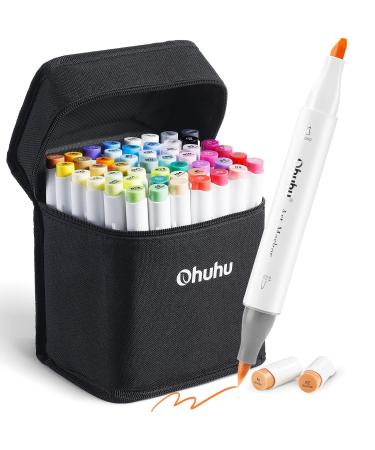 Ohuhu Alcohol Markers Brush Tip: Double Tipped Art Marker Set for Artist Adults Coloring Sketching Drawing Alcohol-based Ink - Brush Chisel Dual Tips - Honolulu - 48 Colors w/ 1 Blender and Case