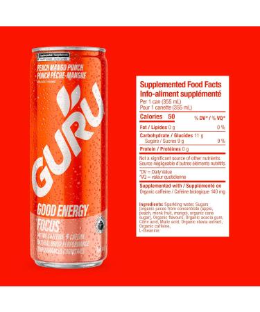 GURU Peach Mango Punch Organic Energy Drinks Clean Energy Drink with Plant Based Natural Caffeine from Green Tea + Focus with L Theanine Gluten Free and Vegan 140MG Caffeine 355mL (Pack of 24) Peach Mango Punch 355 mL (Pack of 24) - Buy Online on SooperMarket.com