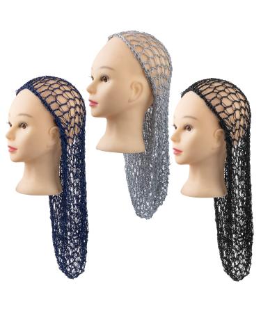 Framendino  3 Pieces Long Mesh Crochet Hair Net Sleeping Hair Net Cap Soft Sleeping Cap Hair Accessories for Women