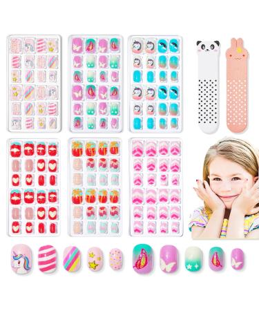 Modelones 144Pcs 6 Pack Press on Nails for Kids Children Girls Toys 8-10 Acrylic Fake Nails Pre-glue Full Cover Glitter Gradient Color Butterfly Unicorn Short False Nail Kits Sets Gifts For Kids Girls A2-Butterfly Unicorn