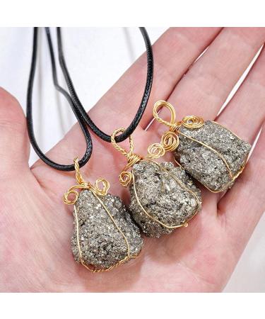 Pyrite Crystal Pendant - Natural Gold Wire Wrapped Raw Pyrite Necklace for Men Handmade Healing Gemstone Pendant Necklace with Black Macrame Cord Frifer - Buy Online on SooperMarket.com