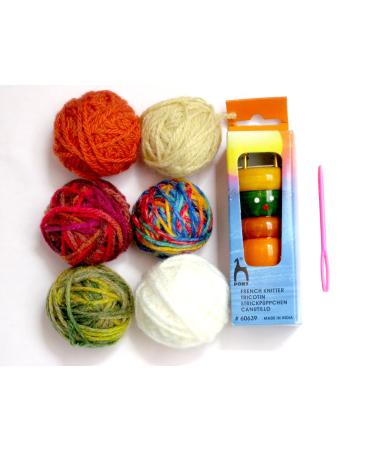 Pony Knitting Spool Knitter or Wood French Knitting Doll, 4 Pins tricotin- Instructions and Needle with 6 Colored Bonbons Balls of Yarn & Plastic Tapestry Needle Kit for Beginner Knitter