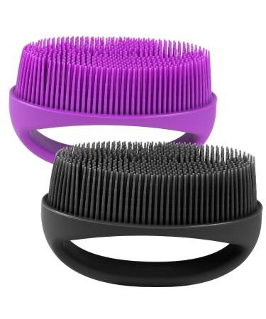 HEETA Hand-Held Body Shower Brush 2-Pack Soft Silicone Body Scrubber for Brushing Gentle Exfoliating Bath Cleansing Bath Brush for Men Women Kids All Kind of Skin (Black & Purple)