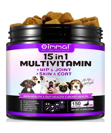 15-in-1 Dog Vitamins and Supplements 150 Chews Dog Vitamins for Dogs Hip and Joint Skin Coat Skin Health Gut Health Heart Health for All Breeds and Ages Dogs