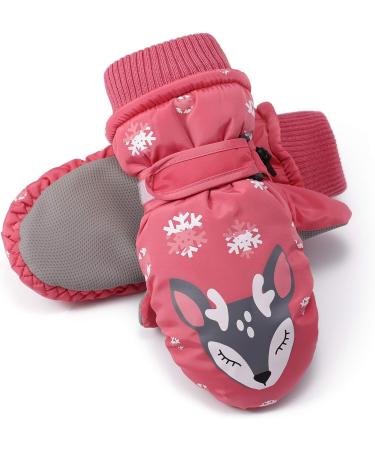 Flammi Kids Winter Ski Mittens for Girls | Warm & Water-Resistant Snow Gloves | Reindeer Design | Dark Pink | Ages 2-8 - Buy Online on SooperMarket.com