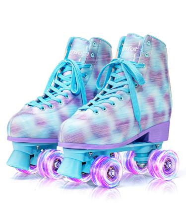 Ruthfot Roller Skates for Women and Girls with Double-Row Four Light up Wheels, High-top PU Leather Rollerskates Blue-Purple Women's 8