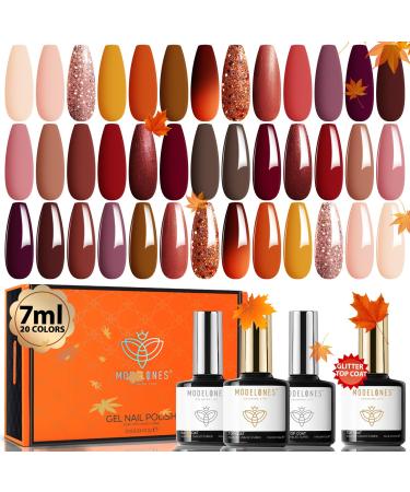 Modelones 20 Colors Gel Nail Polish Kit Fall Pink Brown Nude Orange Gel Polish Set with Glitter Glossy and Matte Top Base Coat Home DIY Manicure Nail Art Design Gifts A- 0 Cozy of the Fall