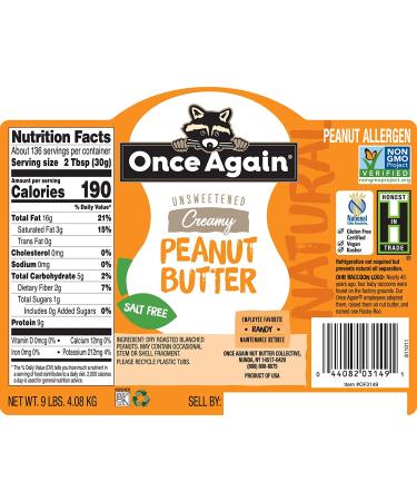 Once Again Natural Creamy Peanut Butter 9lb - Salt Free, Gluten Free, Vegan, Non-GMO - Buy Online on SooperMarket.com