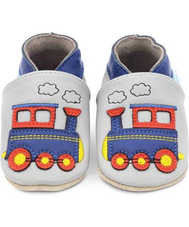 Dotty Fish Soft Leather Baby Shoes, Grey Train Design | Non-Slip Suede Soles | 0-6 Months to 4-5 Years | Toddler Boys' Footwear - Buy Online on SooperMarket.com
