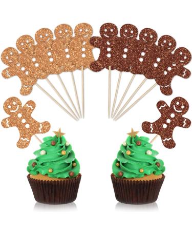 Whaline 48Pcs Christmas Cupcake Topper Glitter Brown Gingerbread Man Cupcake Picks Holiday Food Picks for Xmas Winter Cake Decoration