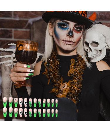 Halloween Nails Halloween Press on Nails Medium Horror Ghost and Skull Halloween Fake Nails 24PCS Coffin French Tip False Nails with Gel Glue for Halloween - Buy Online on SooperMarket.com