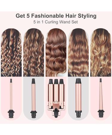 5 In 1 Curling Wand Set-Hair Waver Curling Iron 3 Barrel Triple Crimper Tool Beach Waves with 3/4-1 1/4 inch 5 Interchangeable Barrels Hair Curler for Women Hairstyles(Rose Gold) - Buy Online on SooperMarket.com