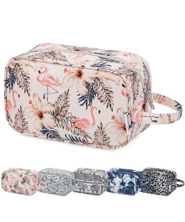 Travel Toiletry Wash Bag for Women Traveling Dopp Kit Makeup Bag Organizer for Toiletries Accessories Cosmetics (Beige Flamingo)