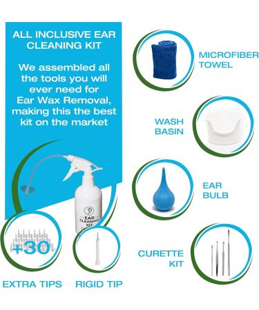 Ear Wax Removal Tool by Tilcare - Ear Irrigation Flushing System for Adults & Kids - Perfect Ear Cleaning Kit - Includes Basin Syringe Curette Kit (Spoon and Spiral) Towel and 30 Disposable Tips - Buy Online on SooperMarket.com