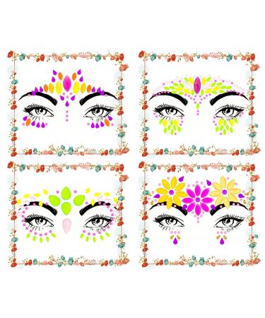 4 Sheets Face Jewels Stick on Eyes Body Art Self-Adhesive Face Rhinestones for Makeup Festivals Fluorescent Face Gems for Kids and Women DIY Face Diamonds Stick on Carnival Birthday Holiday Big Colorful Flower