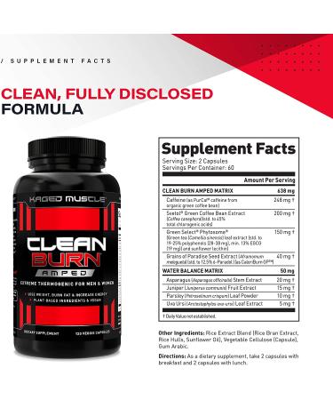 Kaged Muscle Clean Burn Amped Extreme Thermogenic for Men & Women  Weight Loss Supplement with Organic Caffeine  120 Veggie Caps Stimulant 120 Count (Pack of 1) - Buy Online on SooperMarket.com