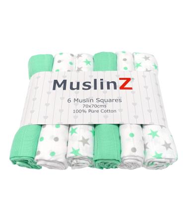MuslinZ 6pk Baby Muslin Squares Burp Cloths 100% Pure Soft Cotton 70x70cm Mint Star