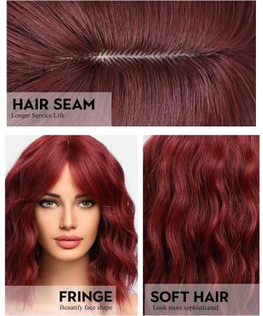 WOKESTAR Bob Curly Wig - Short Synthetic Wavy Wine Red Wig for Women, 12 inch with Fringe - Buy Online on SooperMarket.com
