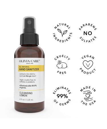 Olivia Care Hand Sanitizer - Alcohol-Based with Lemon Essential Oils - 99.9% Germ-Killing Formula - Portable and Moisturizing - 4 FL OZ - Buy Online on SooperMarket.com