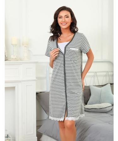 Uniexcosm Maternity Nursing Nightdress Short Sleeve Button Down Grey Stripe Sleepwear - Buy Online on SooperMarket.com