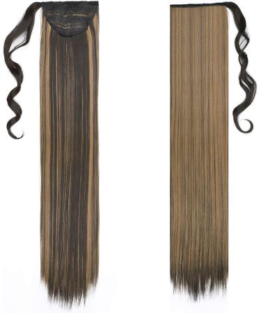 32 Inch Long Straight Ponytail Extension Wrap Around Ponytail Clip in Hairpiece Synthetic Hair Extensions for Women - Dark Brown mix Sandy Blonde - Buy Online on SooperMarket.com