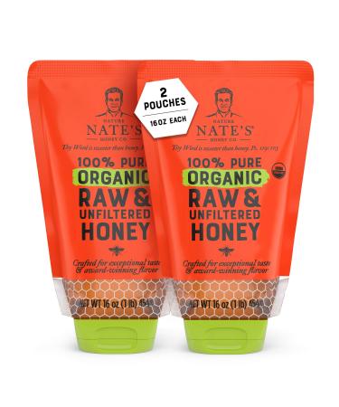 Nature Nate's 100% Pure USDA Organic Raw & Unfiltered Honey Two 16 oz. No-Drip Sustainable Squeeze Pouches; Purity Guarantee No Additives