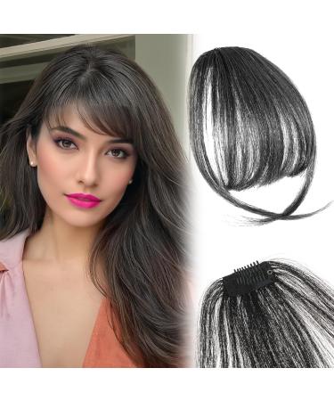 Real Hair Clip-In Fringe 100% Real Hair Clip in Bangs with Temples Remy Real Hair Fringe Bangs One Piece Human Hair Clip in Pony Fringe Extensions Natural Bangs for Women (Brown Black)