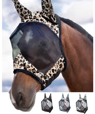 Harrison Howard LumiVista Horse Fly Mask Standard with Ears UV Protection for Horse-Leopard Print(M Cob) Cob (Medium) Leopard Print