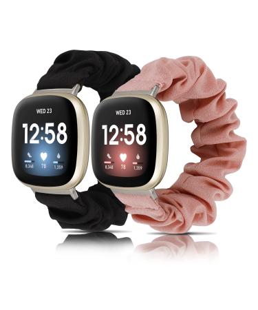 TOYOUTHS 2 Packs Scrunchie Bands Compatible with Fitbit Versa 3/Sense Stretchy Women Bracelets Elastic Breathable Wristbands Replacement Band for Fitbit Versa3/Sense Smartwatch Black+Pink-S Small(4.7"-6.3") Black/Pink