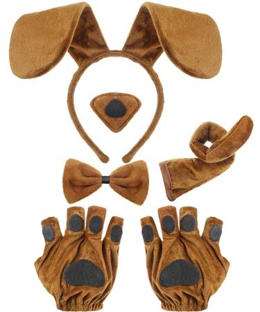 5 Pieces Puppy Dog Costume Set Included Dog Ears Headband Bowtie Fake Nose Tail Puppy Paw Gloves Animal Costume Accessories for Halloween Cosplay Party (Light Brown)