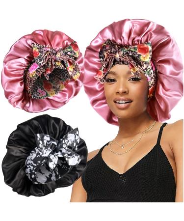 2pcs Large Silky Bonnets with tie Band Braid Bonnet  Satin Bonnet for Sleeping Curly Hair  A A-black  Rose Gold