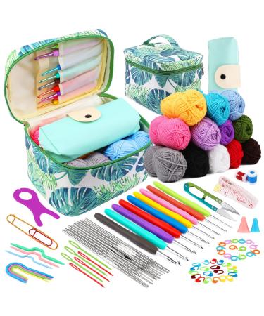 87 Pcs Crochet Kit for Beginners, Crochet Starter Kit, Crochet Needles Set with 12 Yarn Balls Plastic Sewing Needles Stitch Marker Storage Bag Knitting Accessories for Adults Kids Beginner Craft A02
