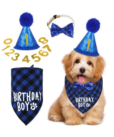 Dog Birthday Party Supplies Birthday Boy Girl Cake Bandana Triangle Scarf Clothes Shirt Cute Dog Hat Dog Bow Tie Collar with 0-8 Numbers for Dog Puppy 1st Birthday Party Outfit(Elegant Style)