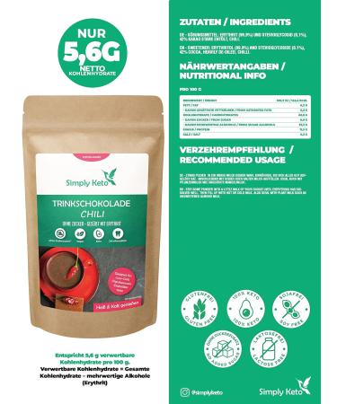 Simply Keto Drinking Chocolate - Sugar-Free Chili Cocoa Powder 180g | Low Carb Sweetened with Erythritol & Stevia - Perfect for Hot & Iced Chocolate - Buy Online on SooperMarket.com