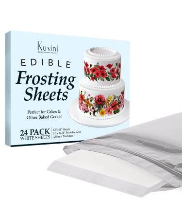 Kusini Edible Paper  24 Frosting Sheets in Resealable Packaging, Kosher Certified And Vegan-Friendly  8.5 x 11 White Icing Sheets for Cakes Printable