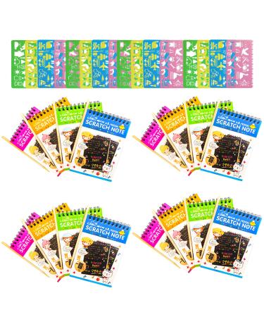Soumore 16 Pack Scratch Notebooks, Rainbow Scratch Note Combo Art Set, Magic Scratch Painting & Sketch Art Notes Drawing Notepads for Kids - Includes Drawing Stencil and Wooden Stylu with Each Note 16 PCS
