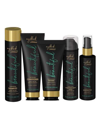 My Black is Beautiful Curly Hair Kit Shampoo Conditioner Hair Mask Detangling Spray and Deep Conditioning Cream Honey Coconut Oil and Turmeric Sulfate & Paraben Free