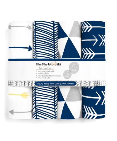 Pack n Play Sheets  Pack and Play Sheets 4 Pack  100% Super Soft Jersey Knit Cotton Playard Mattress Sheets  Portable Playpen Sheet  Fitted Play Yard Mini Crib Sheets for Boy & Girl (24 x 38 x 5)