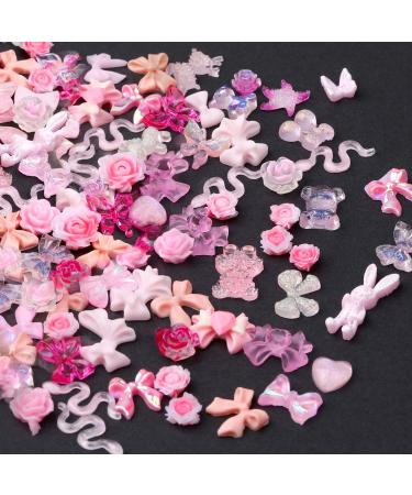 Bewudy 100 Pieces Nail Charms 3D Resin Butterfly Bear Nail Charms Rose Flower Peach Skirt Bow Deer Snake Rabbit Animal Shaped Rhinestones Pearls for DIY Nail Art Decoration Making Craft (Pink)