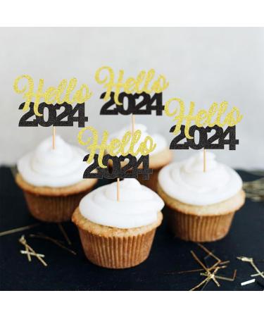 30 Pcs Glitter Happy New Year Cupcake Toppers 2024 Gold Black Cupcake topper Cheers to 2024 Cake Picks for New Years Eve Party Decoration (Hello) - Buy Online on SooperMarket.com
