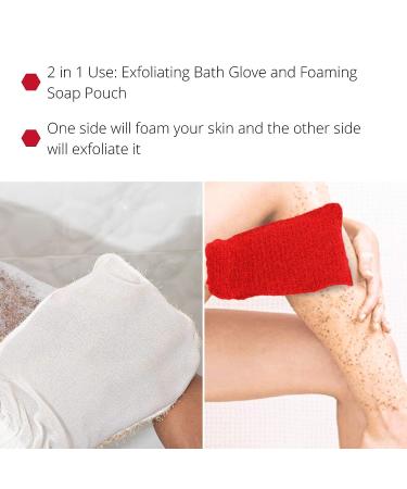 Exfoliating Loofah Glove Scrubber Mitten | Double Sided Bath Sponge Mitten & Soap Bag for Foaming | Red - Buy Online on SooperMarket.com